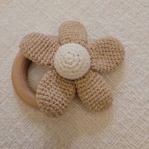 Handmade Crochet Flower Rattle - Tan and White